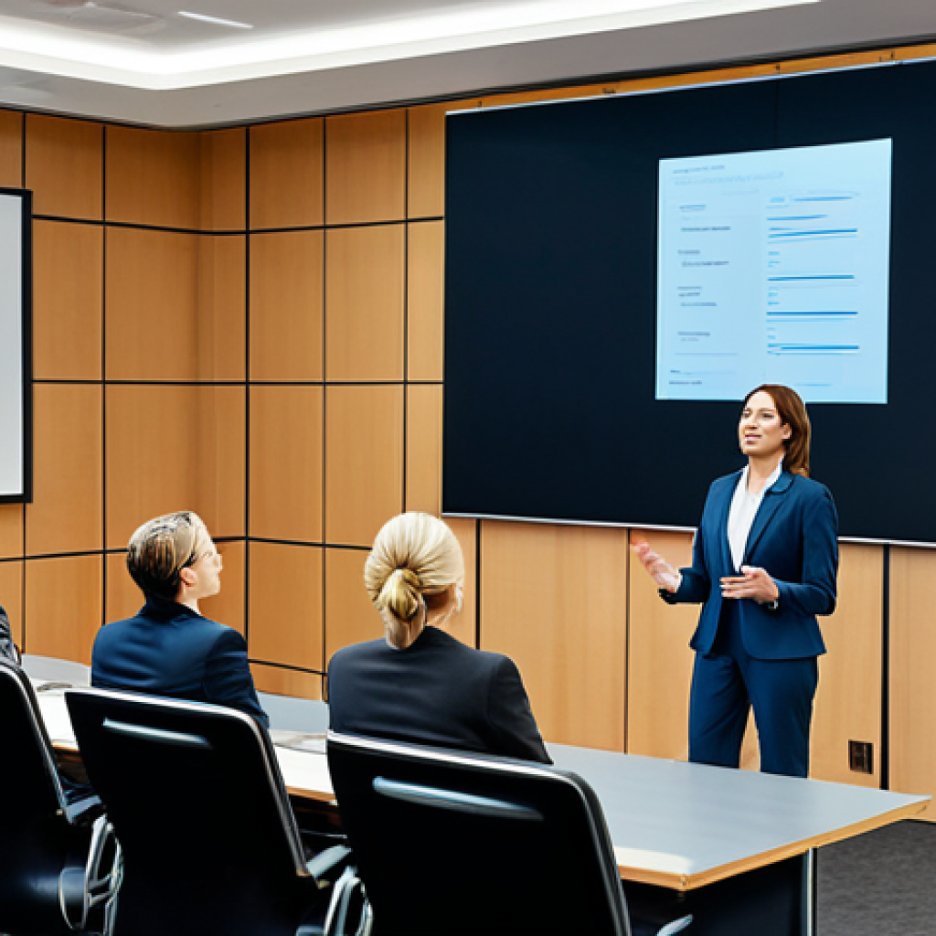 A professional female speaker, mid-30s, dressed in a modest business suit, standing confidently on a stage in a modern conference room. She is engaging a diverse audience with an animated yet professional expression, gesturing naturally as if telling a compelling story. Soft, professional lighting illuminates her and the attentive faces of the audience. The background features a large screen displaying abstract, artistic data visualizations. The overall mood is inspiring and communicative. safe for work, appropriate content, fully clothed, professional, perfect anatomy, correct proportions, natural pose, well-formed hands, proper finger count, natural body proportions, high quality, professional photography.