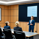 A professional female speaker, mid-30s, dressed in a modest business suit, standing confidently on a stage in a modern conference room. She is engaging a diverse audience with an animated yet professional expression, gesturing naturally as if telling a compelling story. Soft, professional lighting illuminates her and the attentive faces of the audience. The background features a large screen displaying abstract, artistic data visualizations. The overall mood is inspiring and communicative. safe for work, appropriate content, fully clothed, professional, perfect anatomy, correct proportions, natural pose, well-formed hands, proper finger count, natural body proportions, high quality, professional photography.