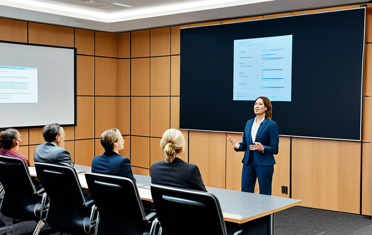 A professional female speaker, mid-30s, dressed in a modest business suit, standing confidently on a stage in a modern conference room. She is engaging a diverse audience with an animated yet professional expression, gesturing naturally as if telling a compelling story. Soft, professional lighting illuminates her and the attentive faces of the audience. The background features a large screen displaying abstract, artistic data visualizations. The overall mood is inspiring and communicative. safe for work, appropriate content, fully clothed, professional, perfect anatomy, correct proportions, natural pose, well-formed hands, proper finger count, natural body proportions, high quality, professional photography.