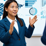 A professional communication expert, fully clothed in a modest business suit, stands in a modern, well-lit presentation space, engaging a diverse, unseen audience with a natural pose and an expressive, yet professional, gesture. The background shows subtle, abstract digital patterns, symbolizing the integration of technology in communication, with the human at the forefront. The atmosphere is inspiring and authentic. Perfect anatomy, correct proportions, well-formed hands, proper finger count, natural body proportions. High-quality professional photography, detailed, realistic, safe for work, appropriate content, fully clothed, family-friendly.