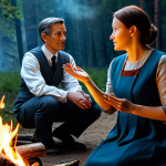 A poised professional adult, either a man or a woman in their 30s-40s, dressed in modest, contemporary business attire. They are standing or sitting, engaged in thoughtful storytelling, with a gentle, expressive hand gesture conveying a sense of imparting wisdom. The background seamlessly blends the warmth of an ancient, glowing campfire scene on one side with sleek, modern, abstract digital interface elements and glowing data streams on the other, symbolizing the enduring power of narrative across eras. The overall mood is inspiring and educational. perfect anatomy, correct proportions, natural pose, well-formed hands, proper finger count, natural body proportions, fully clothed, modest clothing, appropriate attire, professional dress, safe for work, appropriate content, professional, family-friendly, high quality, professional photography.