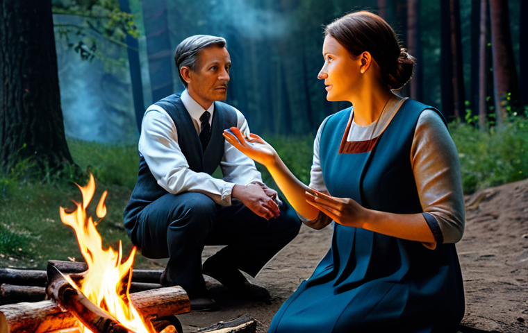 A poised professional adult, either a man or a woman in their 30s-40s, dressed in modest, contemporary business attire. They are standing or sitting, engaged in thoughtful storytelling, with a gentle, expressive hand gesture conveying a sense of imparting wisdom. The background seamlessly blends the warmth of an ancient, glowing campfire scene on one side with sleek, modern, abstract digital interface elements and glowing data streams on the other, symbolizing the enduring power of narrative across eras. The overall mood is inspiring and educational. perfect anatomy, correct proportions, natural pose, well-formed hands, proper finger count, natural body proportions, fully clothed, modest clothing, appropriate attire, professional dress, safe for work, appropriate content, professional, family-friendly, high quality, professional photography.