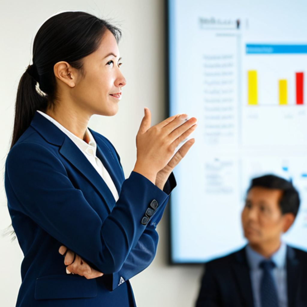 A professional woman, fully clothed in a modest business suit, standing in a well-lit modern conference room, passionately sharing a story with an attentive, diverse audience. She maintains direct eye contact with a warm, sincere expression, using natural hand gestures. The background shows a subtly blurred, modern audience and abstract digital visuals on a large screen. Professional photography, high-resolution, sharp focus, soft lighting, perfect anatomy, correct proportions, natural pose, well-formed hands, proper finger count, natural body proportions, safe for work, appropriate content, family-friendly, appropriate attire.