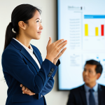 A professional woman, fully clothed in a modest business suit, standing in a well-lit modern conference room, passionately sharing a story with an attentive, diverse audience. She maintains direct eye contact with a warm, sincere expression, using natural hand gestures. The background shows a subtly blurred, modern audience and abstract digital visuals on a large screen. Professional photography, high-resolution, sharp focus, soft lighting, perfect anatomy, correct proportions, natural pose, well-formed hands, proper finger count, natural body proportions, safe for work, appropriate content, family-friendly, appropriate attire.