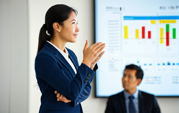 A professional woman, fully clothed in a modest business suit, standing in a well-lit modern conference room, passionately sharing a story with an attentive, diverse audience. She maintains direct eye contact with a warm, sincere expression, using natural hand gestures. The background shows a subtly blurred, modern audience and abstract digital visuals on a large screen. Professional photography, high-resolution, sharp focus, soft lighting, perfect anatomy, correct proportions, natural pose, well-formed hands, proper finger count, natural body proportions, safe for work, appropriate content, family-friendly, appropriate attire.