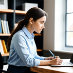 A thoughtful professional adult, wearing a modest business casual outfit including a button-down shirt and smart trousers, seated at a clean wooden desk in a bright, modern home office. The person is holding a pen and writing attentively in a leather-bound notebook, with a laptop open displaying a brainstorming session. The background features blurred bookshelves and a large window providing soft natural light, creating a focused and inspiring atmosphere. The pose is natural, conveying deep concentration and creativity. Professional photography, high quality, perfect anatomy, correct proportions, well-formed hands, proper finger count, natural body proportions, fully clothed, appropriate attire, modest clothing, safe for work, appropriate content, professional.
