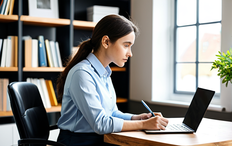 A thoughtful professional adult, wearing a modest business casual outfit including a button-down shirt and smart trousers, seated at a clean wooden desk in a bright, modern home office. The person is holding a pen and writing attentively in a leather-bound notebook, with a laptop open displaying a brainstorming session. The background features blurred bookshelves and a large window providing soft natural light, creating a focused and inspiring atmosphere. The pose is natural, conveying deep concentration and creativity. Professional photography, high quality, perfect anatomy, correct proportions, well-formed hands, proper finger count, natural body proportions, fully clothed, appropriate attire, modest clothing, safe for work, appropriate content, professional.
