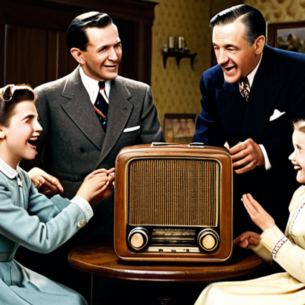 Golden Age of Radio Drama**

A family gathered around a vintage radio in a cozy 1940s living room, fully clothed in period attire. The radio glows warmly, casting light on their faces, showing expressions of excitement and suspense as they listen intently. Perfect anatomy, natural pose, proper finger count, well-formed hands. Background includes period-appropriate furniture and decor. Safe for work, appropriate content, fully clothed, modest attire, family-friendly scene, professional quality.

**