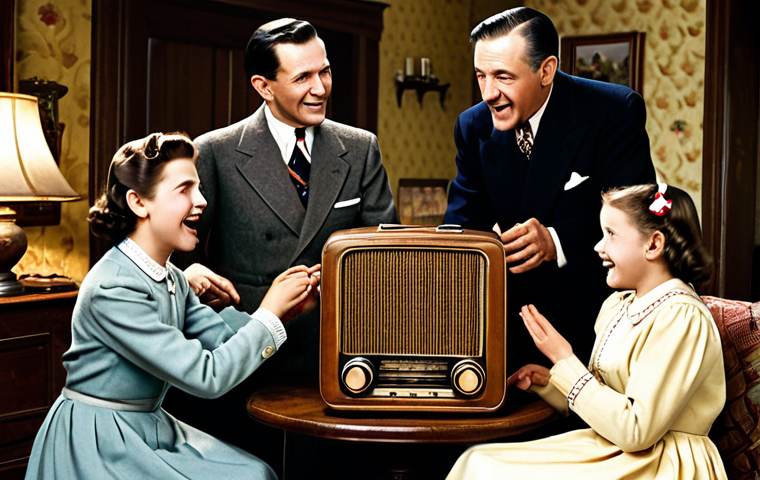 Golden Age of Radio Drama**
A family gathered around a vintage radio in a cozy 1940s living room, fully clothed in period attire. The radio glows warmly, casting light on their faces, showing expressions of excitement and suspense as they listen intently. Perfect anatomy, natural pose, proper finger count, well-formed hands. Background includes period-appropriate furniture and decor. Safe for work, appropriate content, fully clothed, modest attire, family-friendly scene, professional quality.
**