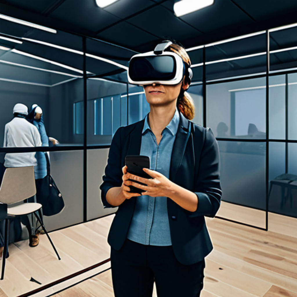 **

A journalist wearing glasses and a stylish, modern outfit, stands in a virtual reality environment depicting a refugee camp. The VR headset is visible. Around her, ghostly, semi-transparent figures of refugees interact with her. The background blends the real-world office setting with the immersive refugee camp scene. The image emphasizes empathy and understanding through immersive journalism. The overall style is professional, and the colors are muted yet impactful. safe for work, appropriate content, fully clothed, professional, perfect anatomy, natural proportions, high quality, modern office environment.

**