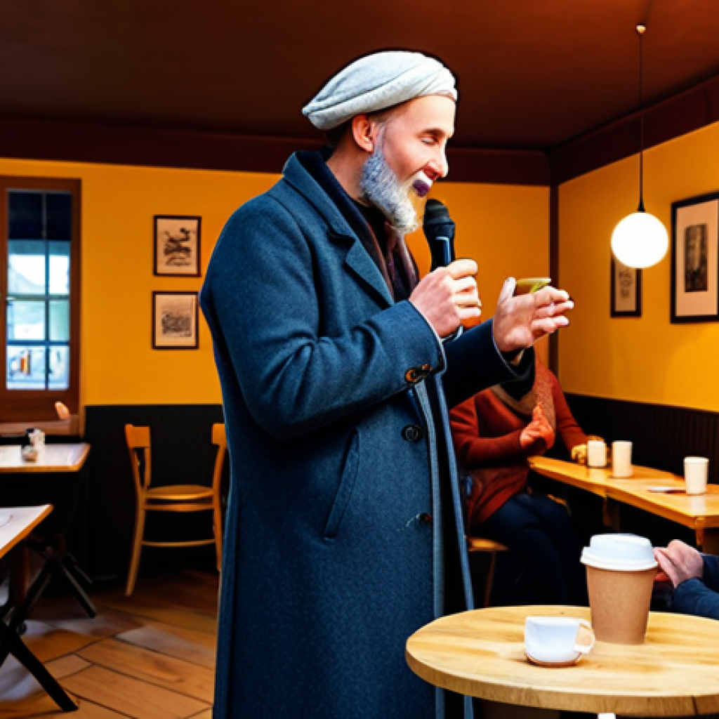 **

"A professional storyteller, fully clothed in modest clothing, performing on a stage in a cozy German cafe. The background features warm lighting, small tables, and people enjoying coffee. The storyteller is animated and engaging. Safe for work, appropriate content, professional setting, perfect anatomy, natural proportions, well-formed hands, proper finger count, family-friendly."

**