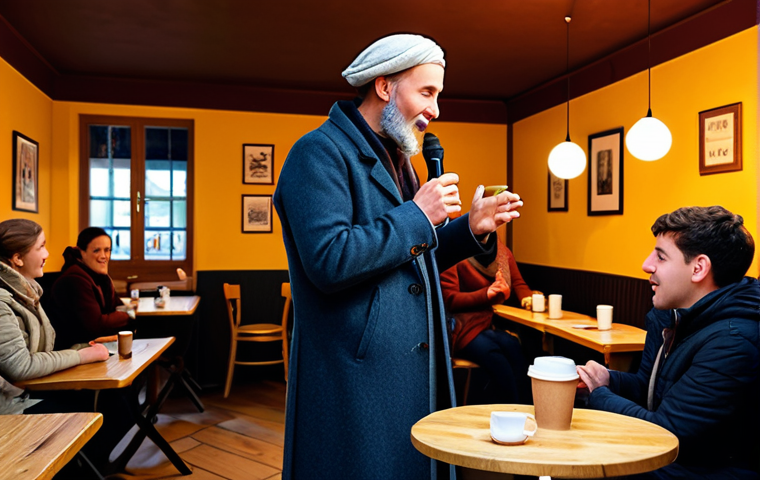 **
"A professional storyteller, fully clothed in modest clothing, performing on a stage in a cozy German cafe. The background features warm lighting, small tables, and people enjoying coffee. The storyteller is animated and engaging. Safe for work, appropriate content, professional setting, perfect anatomy, natural proportions, well-formed hands, proper finger count, family-friendly."
**