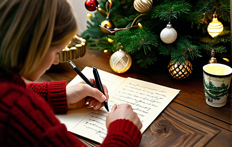 스토리텔러가 주목해야 할 연말 트렌드 - Analog Christmas**
A cozy scene of a woman writing a Christmas card with a fountain pen on beautifu...