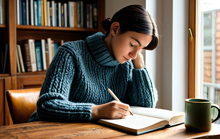 스토리텔러의 자기계발 방법 - Self-Reflection and Journaling**
A woman in her late 20s, sitting at a wooden desk in a sunlit home...