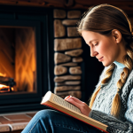 스토리텔러 직업을 선택한 이유에 대한 이야기 - "A woman in a cozy, fully clothed knit sweater reading a book by a fireplace in a Bavarian chalet, a...