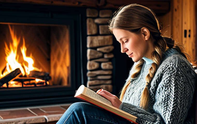 스토리텔러 직업을 선택한 이유에 대한 이야기 - "A woman in a cozy, fully clothed knit sweater reading a book by a fireplace in a Bavarian chalet, a...