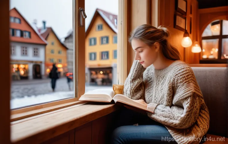 스토리텔러와 예술적 감각의 조화 - A young woman in her late 20s, dressed in a cozy yet fashionable oversized knit sweater and jeans, s...