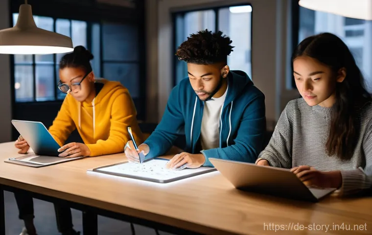 스토리텔러와 스토리텔링 테크놀로지 발전 - **Interactive Storytelling and Player Choice:** A focused young person, dressed in a stylish hoodie ...