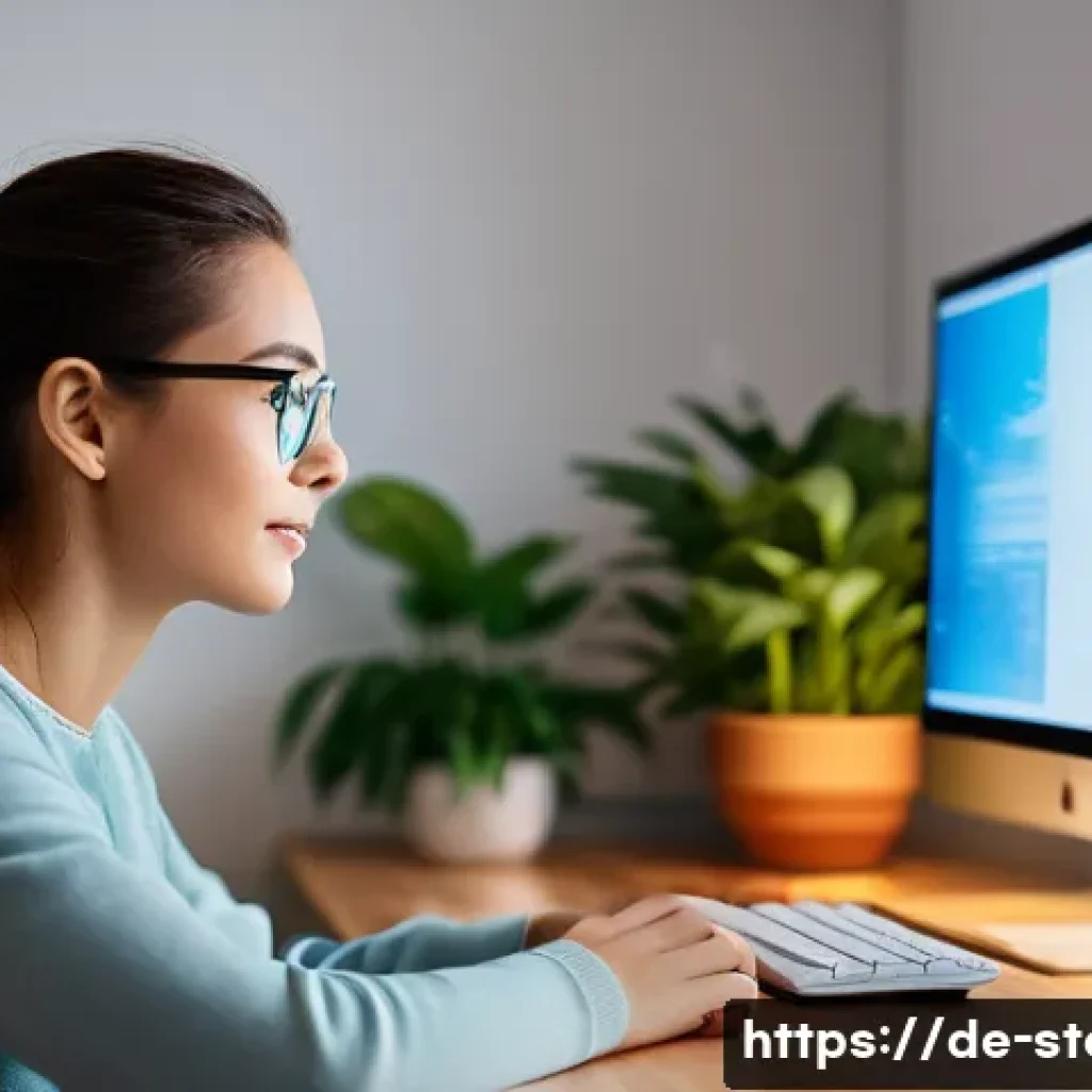 스토리텔러가 주목해야 할 최신 기술 - A young female writer, dressed in comfortable casual wear, sits at a contemporary wooden desk in a b...