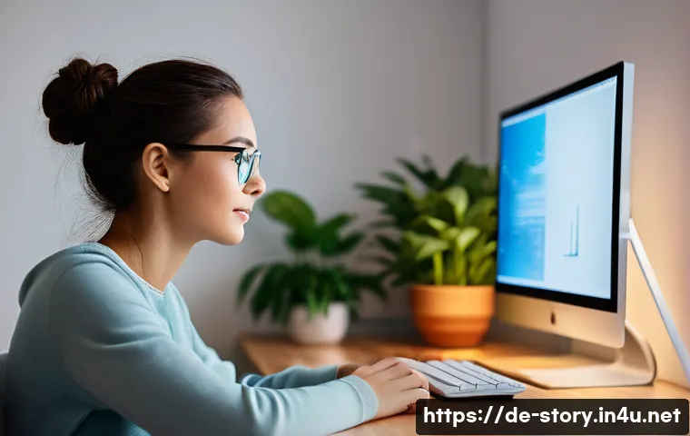 스토리텔러가 주목해야 할 최신 기술 - A young female writer, dressed in comfortable casual wear, sits at a contemporary wooden desk in a b...