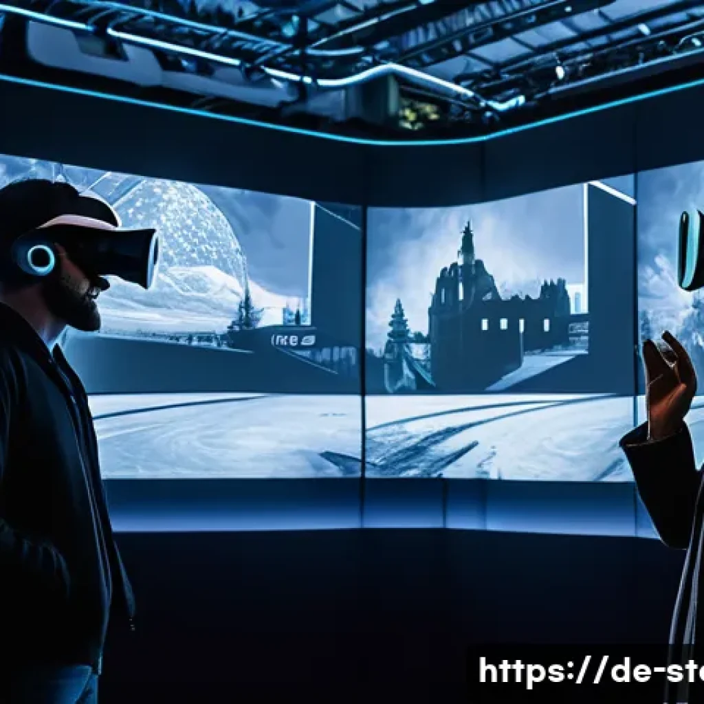 스토리텔러와 관련된 최신 기술 도입 사례 - A futuristic German museum exhibit showcasing Virtual Reality storytelling: visitors wearing modern ...