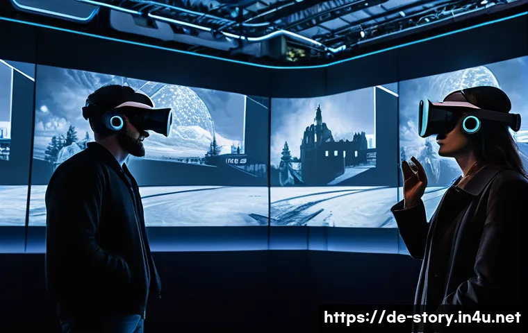 스토리텔러와 관련된 최신 기술 도입 사례 - A futuristic German museum exhibit showcasing Virtual Reality storytelling: visitors wearing modern ...