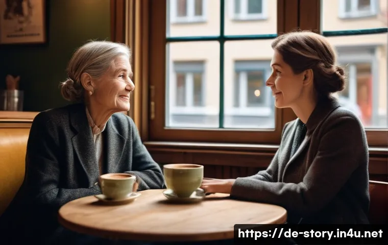 스토리텔러의 인생을 바꾼 이야기 - A cozy Berlin café scene with a middle-aged German woman and a younger writer engaged in warm conver...