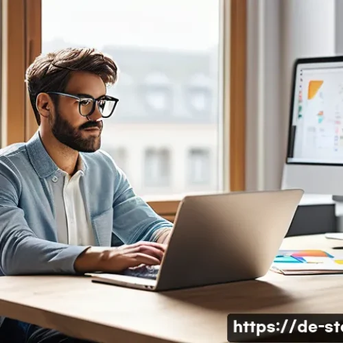 Home 30 스토리텔러 실무에서 필수로 쓰는 툴 - A modern creative workspace featuring a digital storyteller at a sleek desk using a laptop displayin...