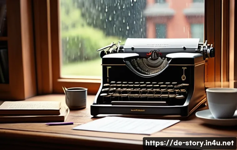 스토리텔러의 스토리 제작 과정 - A thoughtful writer’s desk scene in a cozy, sunlit study room filled with books and notes about char...
