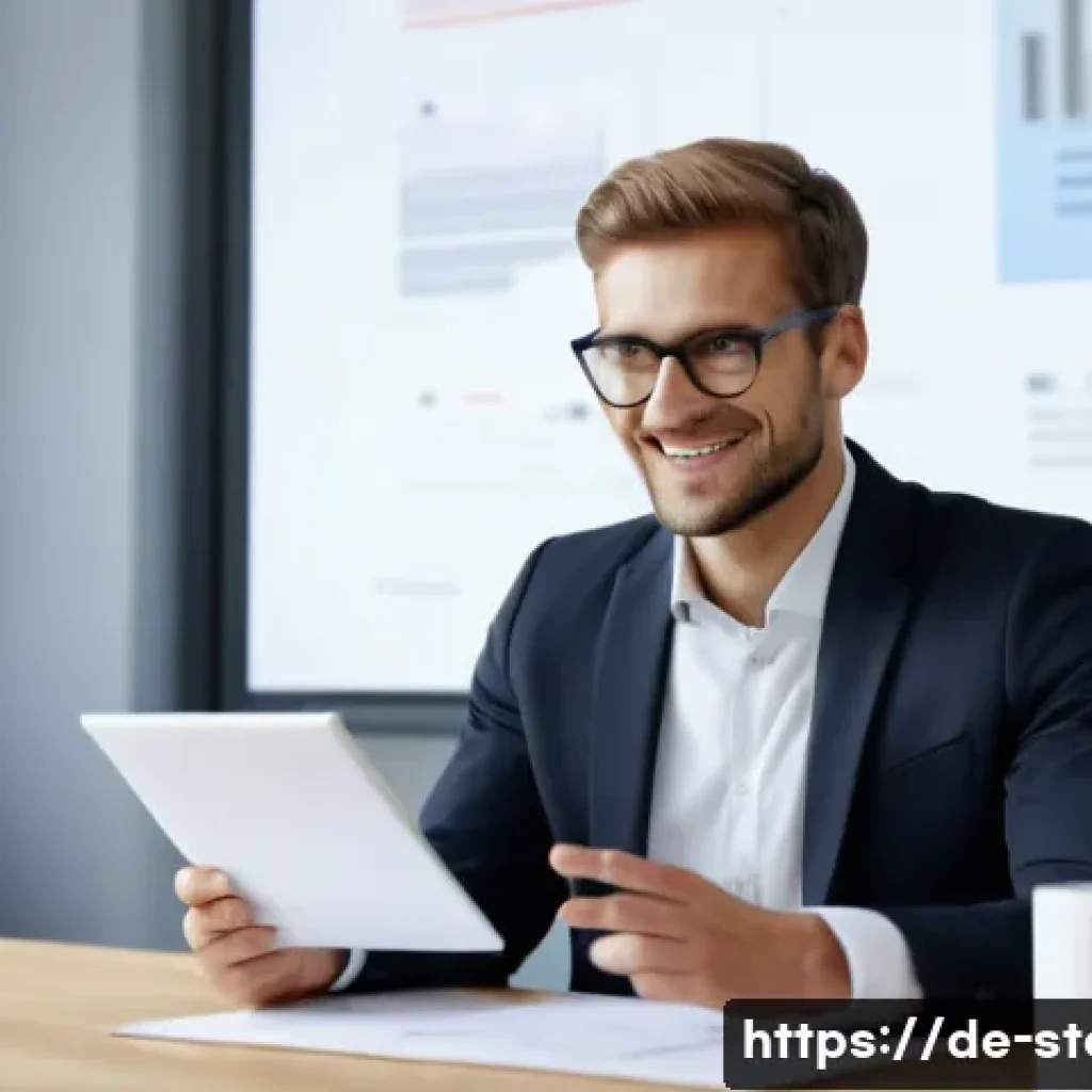 스토리텔러 면접 준비 체크리스트 - A professional job interview scene set in a modern German office environment, featuring a confident ...