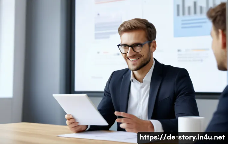 스토리텔러 면접 준비 체크리스트 - A professional job interview scene set in a modern German office environment, featuring a confident ...