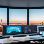 Home 22 스토리텔러 직무와 관련된 최신 기술 도입 사례 - A futuristic storytelling workspace in a modern Berlin office, featuring a diverse group of creative...