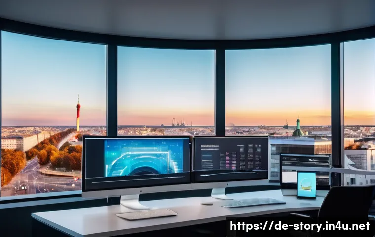 스토리텔러 직무와 관련된 최신 기술 도입 사례 - A futuristic storytelling workspace in a modern Berlin office, featuring a diverse group of creative...