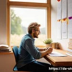 Home 20 스토리텔러로서 스토리 제작 능력 향상법 - A cozy, modern writing studio scene with a German author sitting at a wooden desk, surrounded by boo...