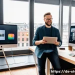 Home 19 스토리텔러 직업의 성공 사례와 성장 가능성 분석과 연구 - A professional storyteller in a modern Berlin office environment, surrounded by multimedia tools lik...