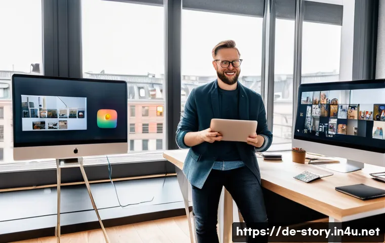 스토리텔러 직업의 성공 사례와 성장 가능성 분석과 연구 - A professional storyteller in a modern Berlin office environment, surrounded by multimedia tools lik...