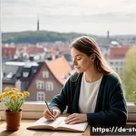 Home 18 스토리텔러를 위한 멘탈 관리 - A serene German writer’s workspace featuring a cozy desk by a large window overlooking a peaceful Eu...