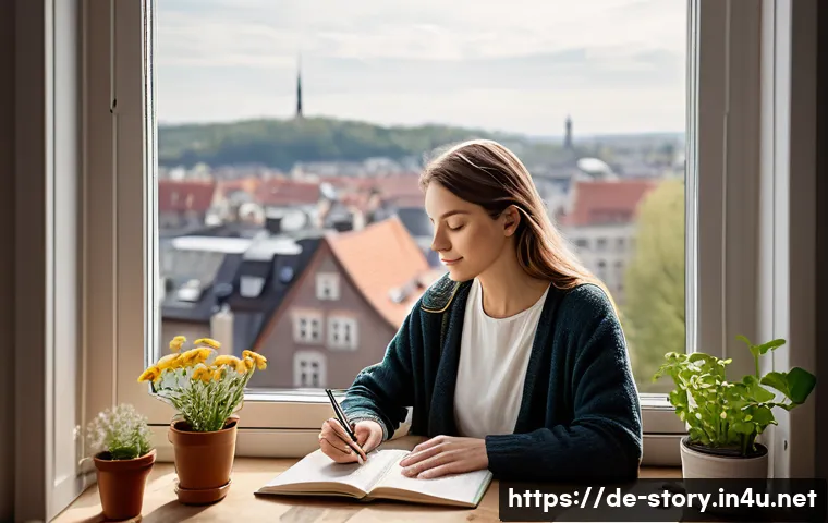 스토리텔러를 위한 멘탈 관리 - A serene German writer’s workspace featuring a cozy desk by a large window overlooking a peaceful Eu...