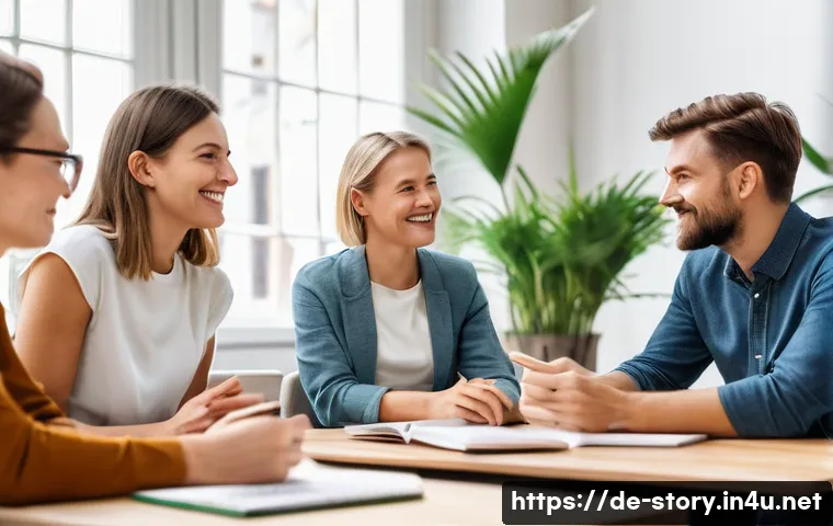 스토리텔러 직무와 관련된 해외 사례 분석 - A modern storytelling workshop scene set in Germany, featuring a diverse group of adults in casual b...