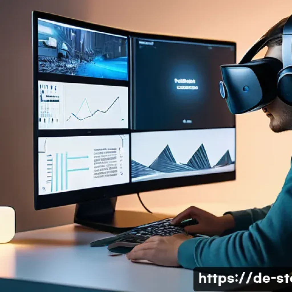 스토리텔러와 디지털 스토리 제작 사례 - A modern digital storytelling workspace showing a young German content creator in casual, stylish cl...