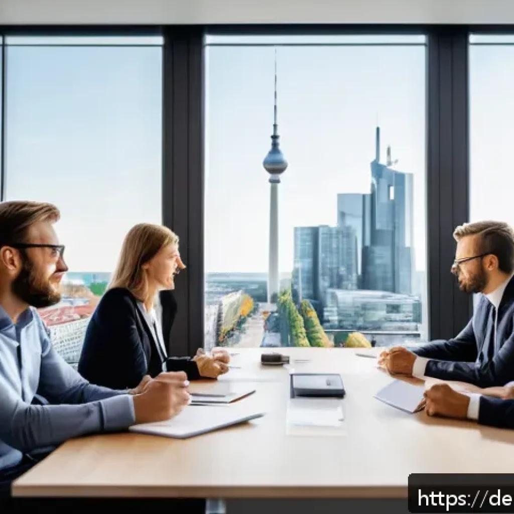 스토리텔러 자격증의 취득 후 새로운 경로 - A modern corporate office scene in Germany featuring a diverse group of professional employees engag...