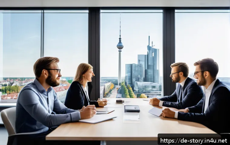 스토리텔러 자격증의 취득 후 새로운 경로 - A modern corporate office scene in Germany featuring a diverse group of professional employees engag...