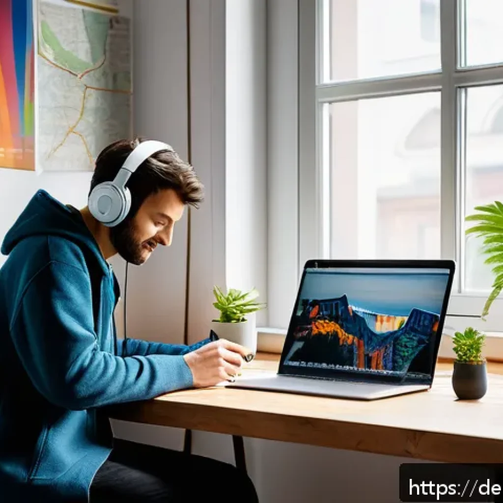 스토리텔러의 직업 만족도를 높이는 요령 - A cozy creative workspace in a modern Berlin apartment, featuring a wooden desk with a laptop, scatt...