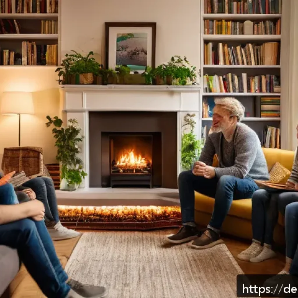 스토리텔러로서 전문성을 키우는 방법 - A warm, inviting scene of a storyteller in a cozy, modern German living room, surrounded by an atten...