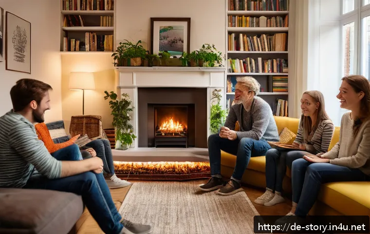 스토리텔러로서 전문성을 키우는 방법 - A warm, inviting scene of a storyteller in a cozy, modern German living room, surrounded by an atten...