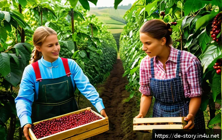 스토리텔러와 고객 커뮤니케이션의 중요성 - A small organic coffee farm scene in Germany during harvest season, showing authentic workers in tra...