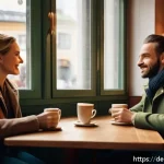 Home 21 스토리텔러 필수 스킬 10가지 - A dynamic scene showing a diverse group of realistic characters in a cozy Berlin café, each with dis...