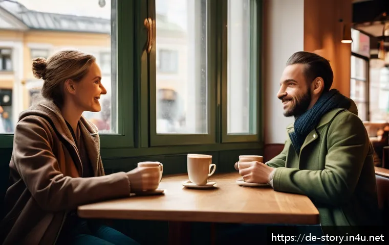 스토리텔러 필수 스킬 10가지 - A dynamic scene showing a diverse group of realistic characters in a cozy Berlin café, each with dis...