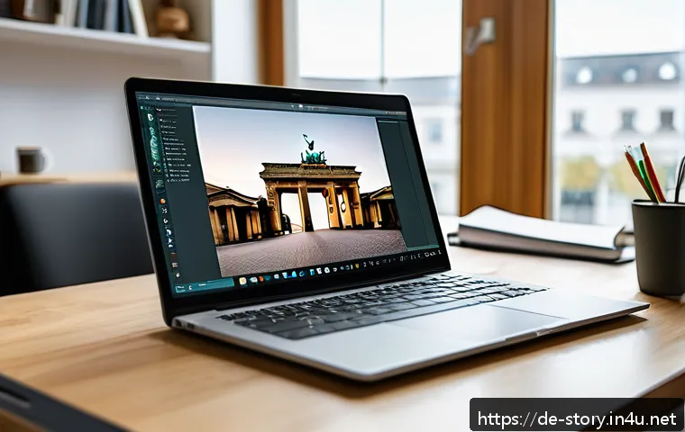 스토리텔러 실무에서 필수적인 도구와 앱 - A modern creative workspace scene showing a young German writer using a laptop with Scrivener open o...
