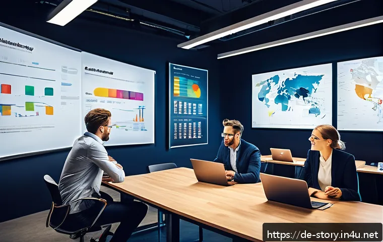 스토리텔러를 위한 마케팅 전략 - A vibrant marketing office scene showing a diverse team of professionals brainstorming emotional sto...